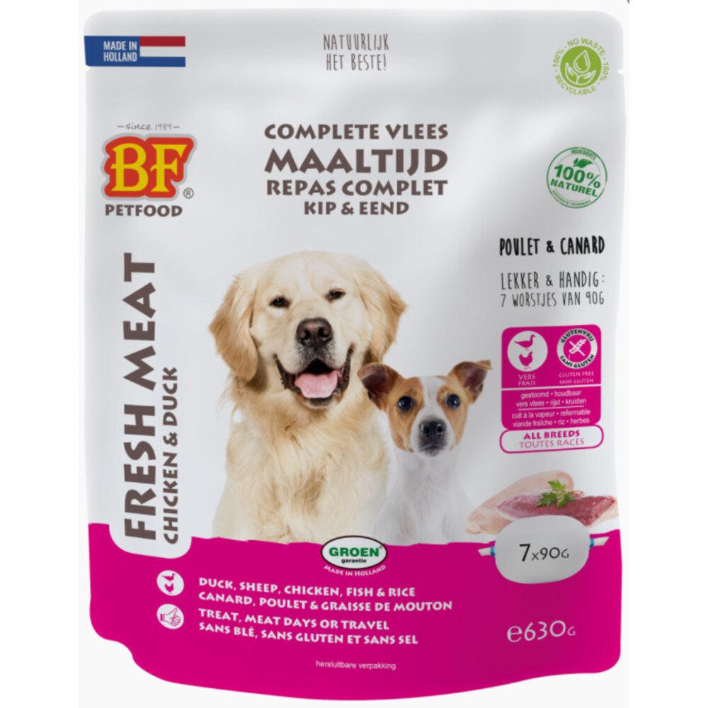 8x BF Petfood Vleesvoeding Eend - Kip 7 x 90 gr
