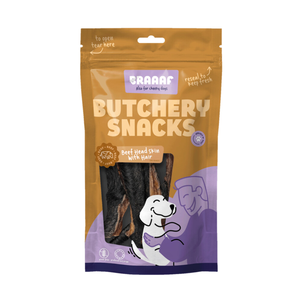 Braaaf Hondensnack Butchery Beef Head Skin with Hair 150 gr
