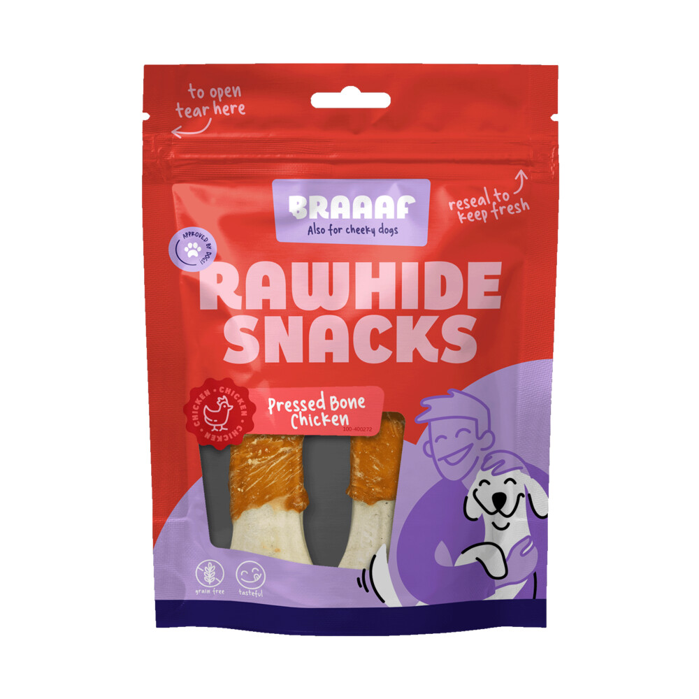 3x Braaaf Hondensnack Geperst Bot Kip 12,5 cm 130 gr