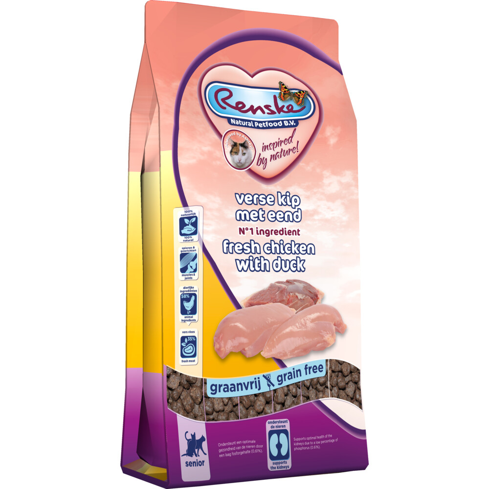 5x Renske Super Premium Senior Kattenvoer Kip & Eend 1,5 kg
