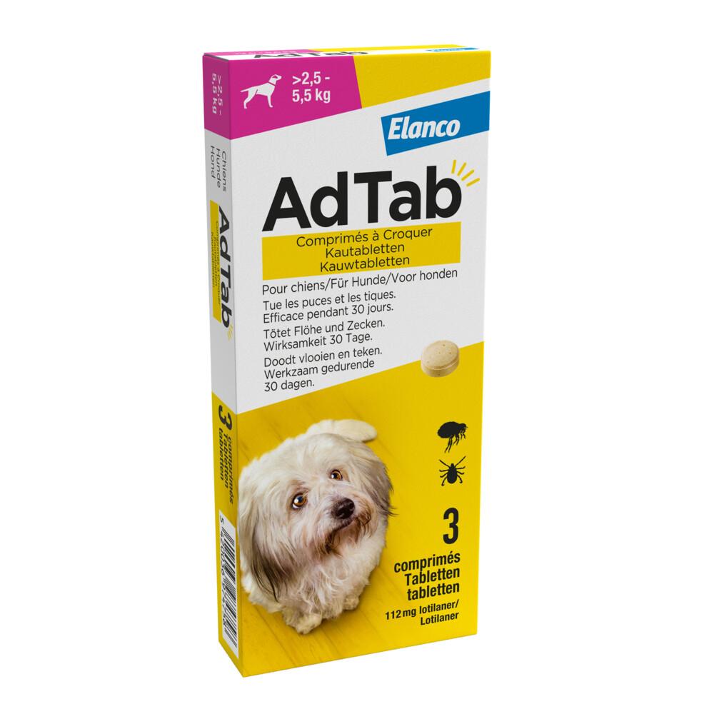 AdTab Anti Vlo en Teek Kauwtabletten Hond >2,5-5,5 kg 3 tabletten” style=”max-width: 600px; width: 100%; height: auto;”><br />
Geen getril, geen krabben, geen vlooienparade meer. Geef je hond van 2,5 tot 5,5 kg één kauwtablet per maand en zorg dat vlooien en teken geen schijn van kans maken. Binnen 6 uur doodt elke tablet de aanwezige vlooien, binnen 8 uur verdwijnen de teken. Werkt de hele maand door, zonder poespas. De tablet smaakt zo goed dat je hond ‘m uit je hand opeet. Geen gedoe, geen worstelen. Geef bij of net na het eten – binnen 30 minuten is de werkzame stof opgenomen. Geschikt vanaf 8 weken. Gezuiverde lotilaner zorgt voor snelle opname en betrouwbare werking. Geen residu, geen rommel, geen risico’s. In 30 dagen is 100% van de vlooien en teken dood. Geen terugval, geen herhaling. Elanco houdt de formule puur en effectief. Drie tabletten in de verpakking: genoeg voor drie maanden bescherming zonder onderbreking. Houd je hond comfortabel, schoner en gezonder – zonder moeite.<br />
Prijs: €26.29</p>
<p>Meer informatie  <a href=